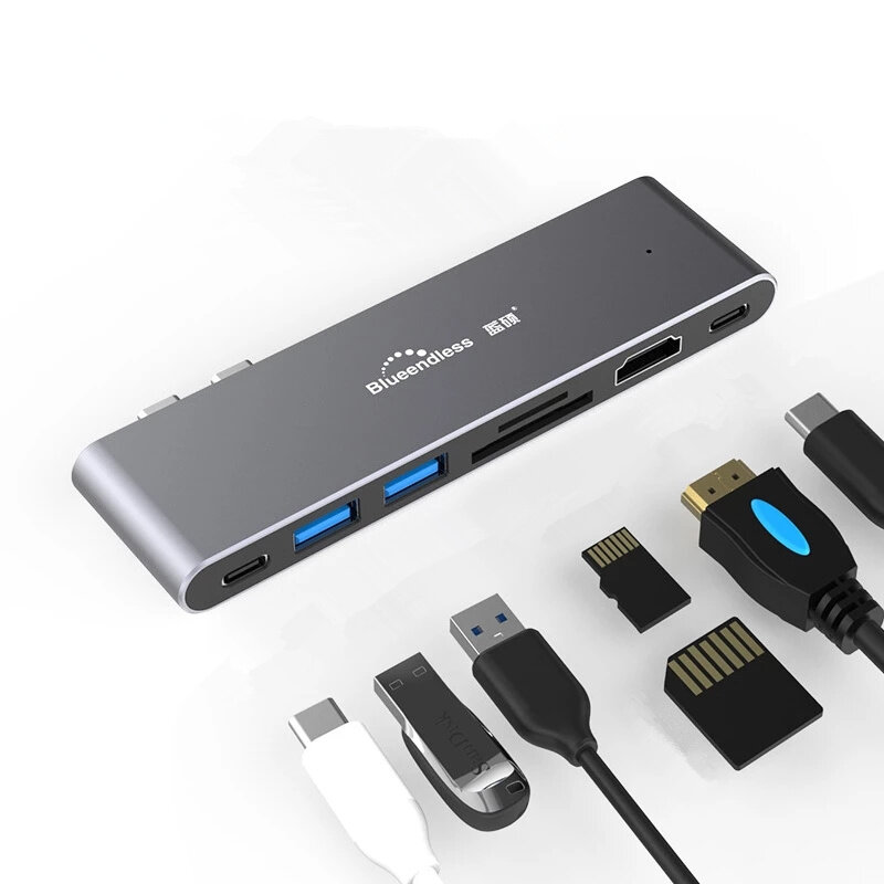 

Blueendless HC702 7 in 1 USB Hub with 2*USB3.0/ HDMI/ SD/ TF Card Reader/ PD Docking Station for MacBook Laptop