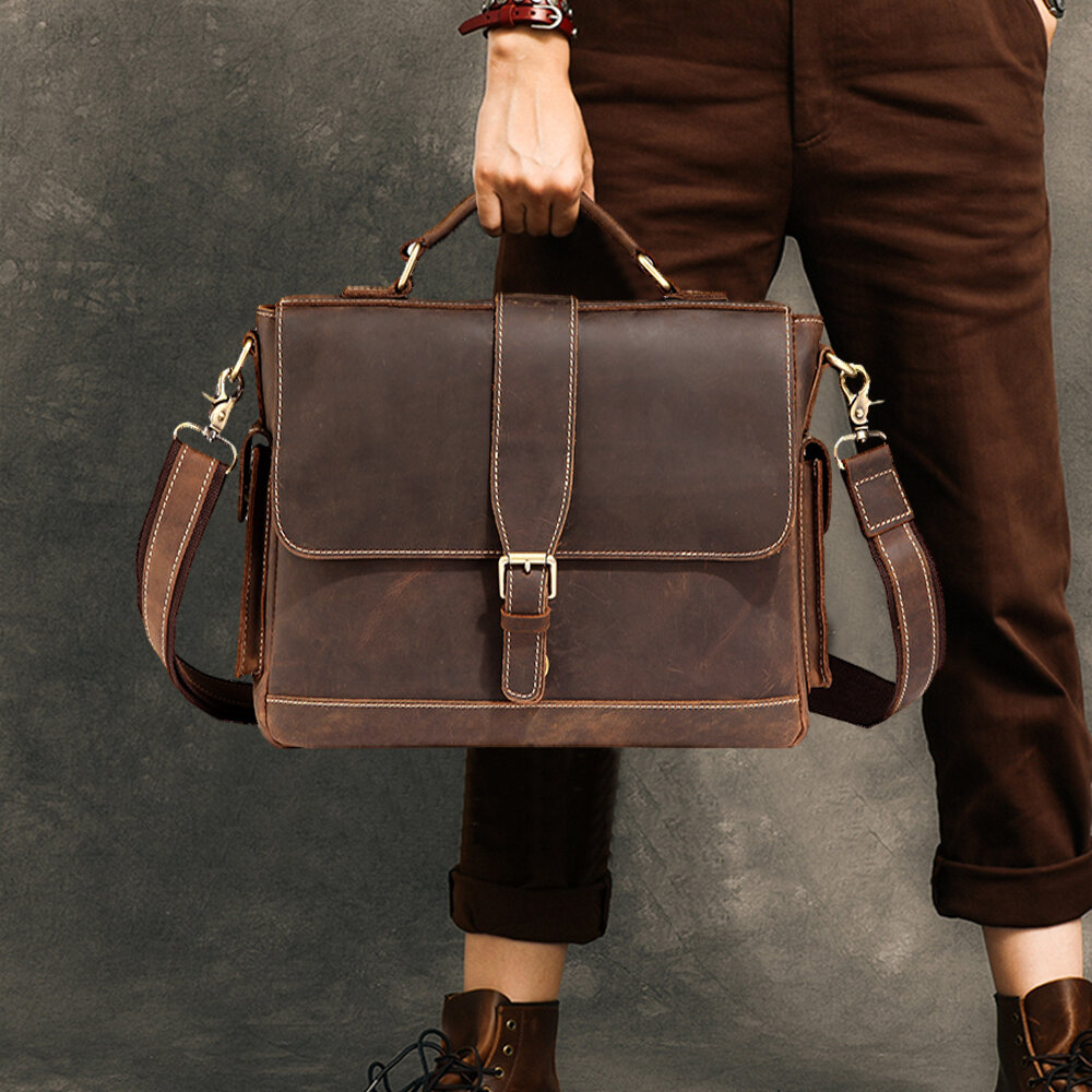 Ekphero Men PU Leather Vintage Rubbing Design Messenger Bag Large Capacity With Handle Business Cros