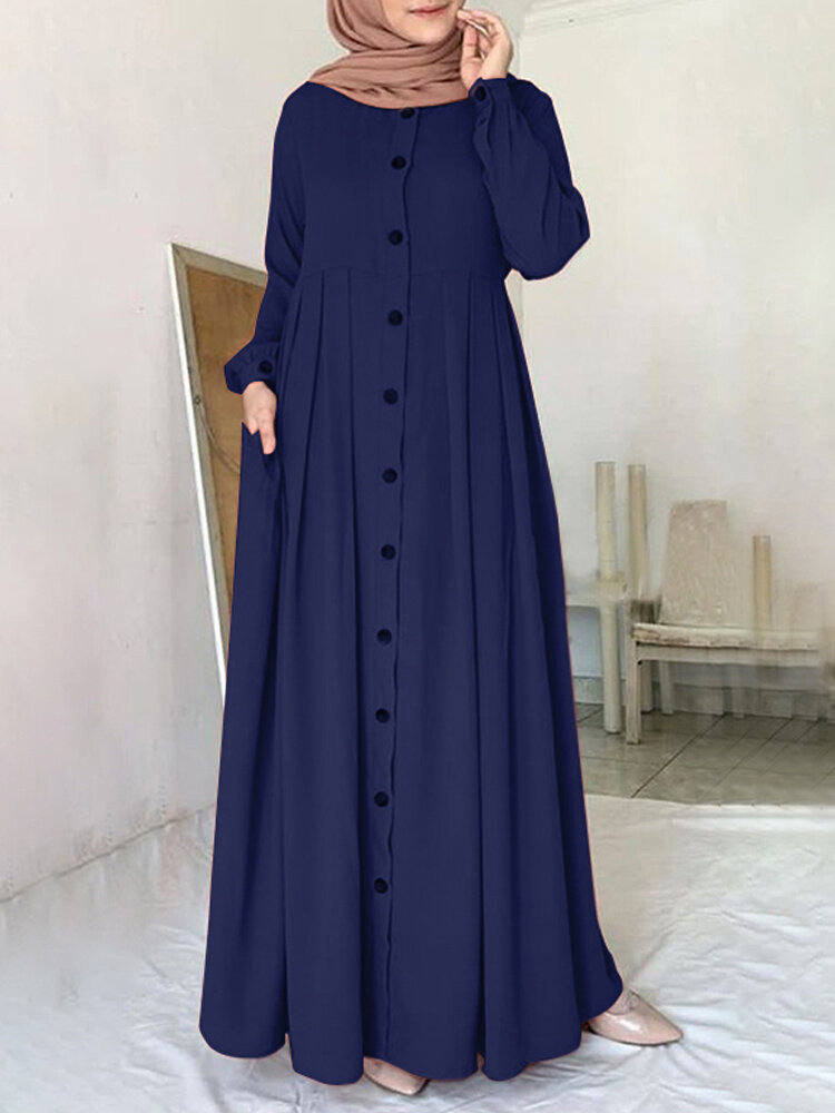 Women Solid Color Button Down Front O-Neck Pleated Puff Sleeve Maxi Dress...
