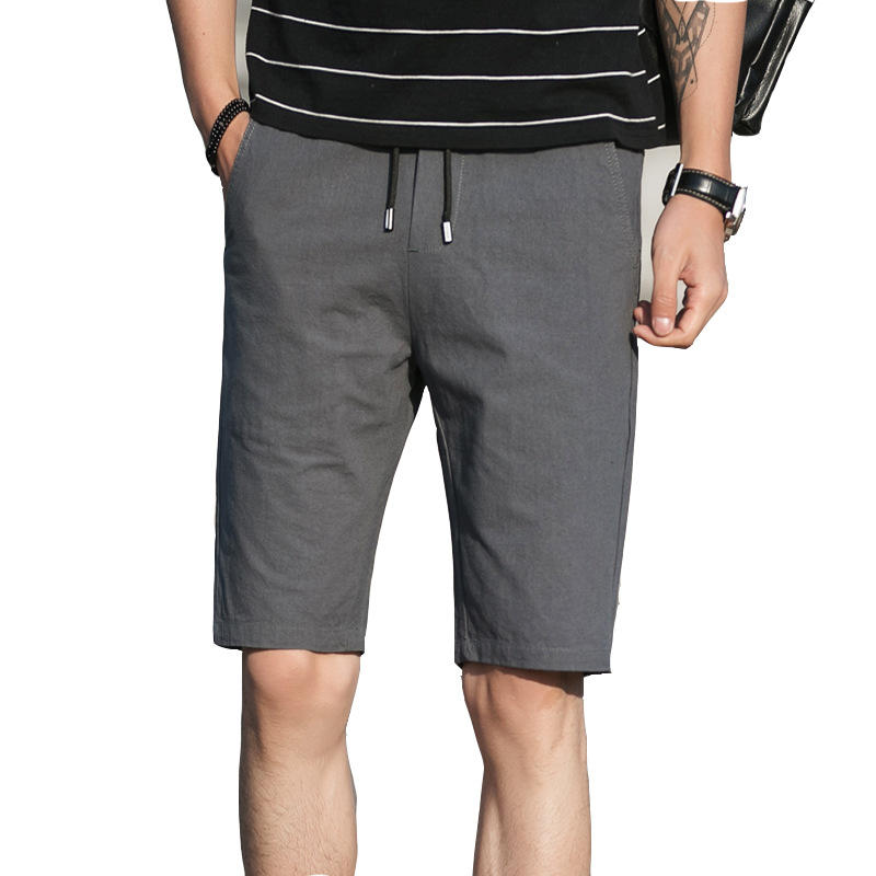 Summer Men Cotton Straight Leg Sport Shorts Casual Elastic Waist Pockets Shorts Knee-Length Shorts 
