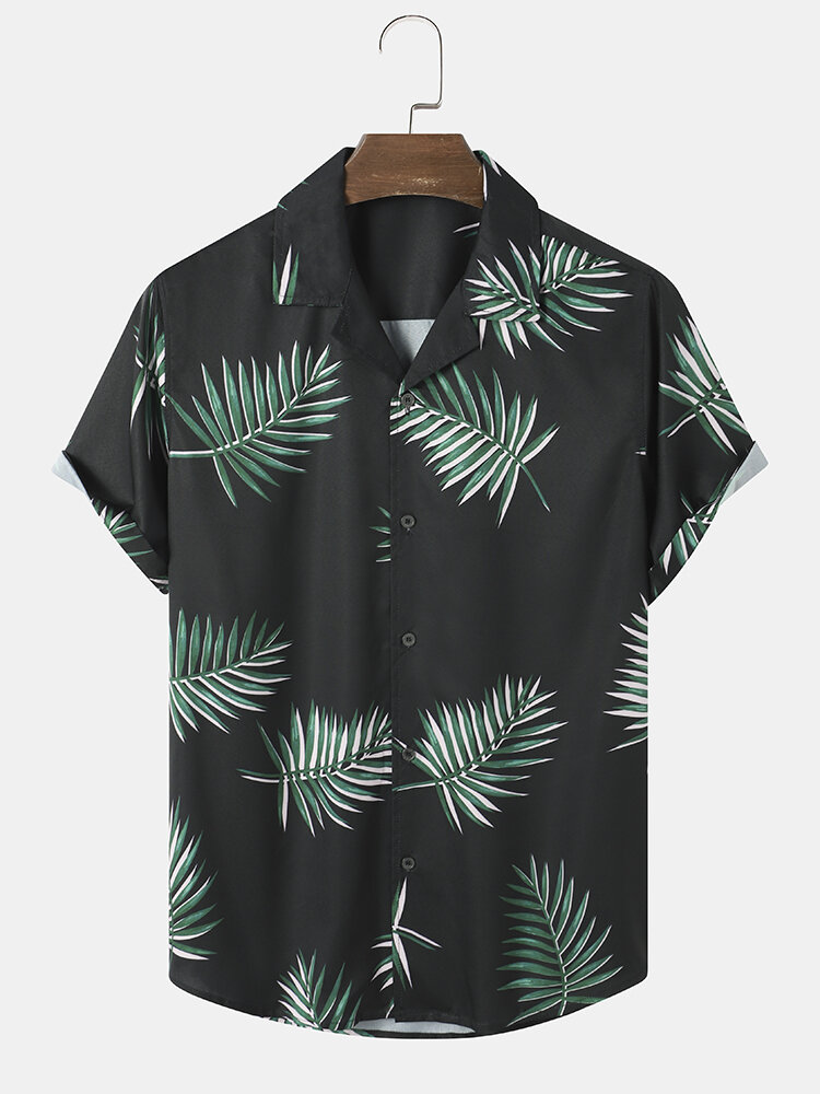 Men Tropical Leaf Print Short Sleeve Hem Cuff Street Casual Shirts