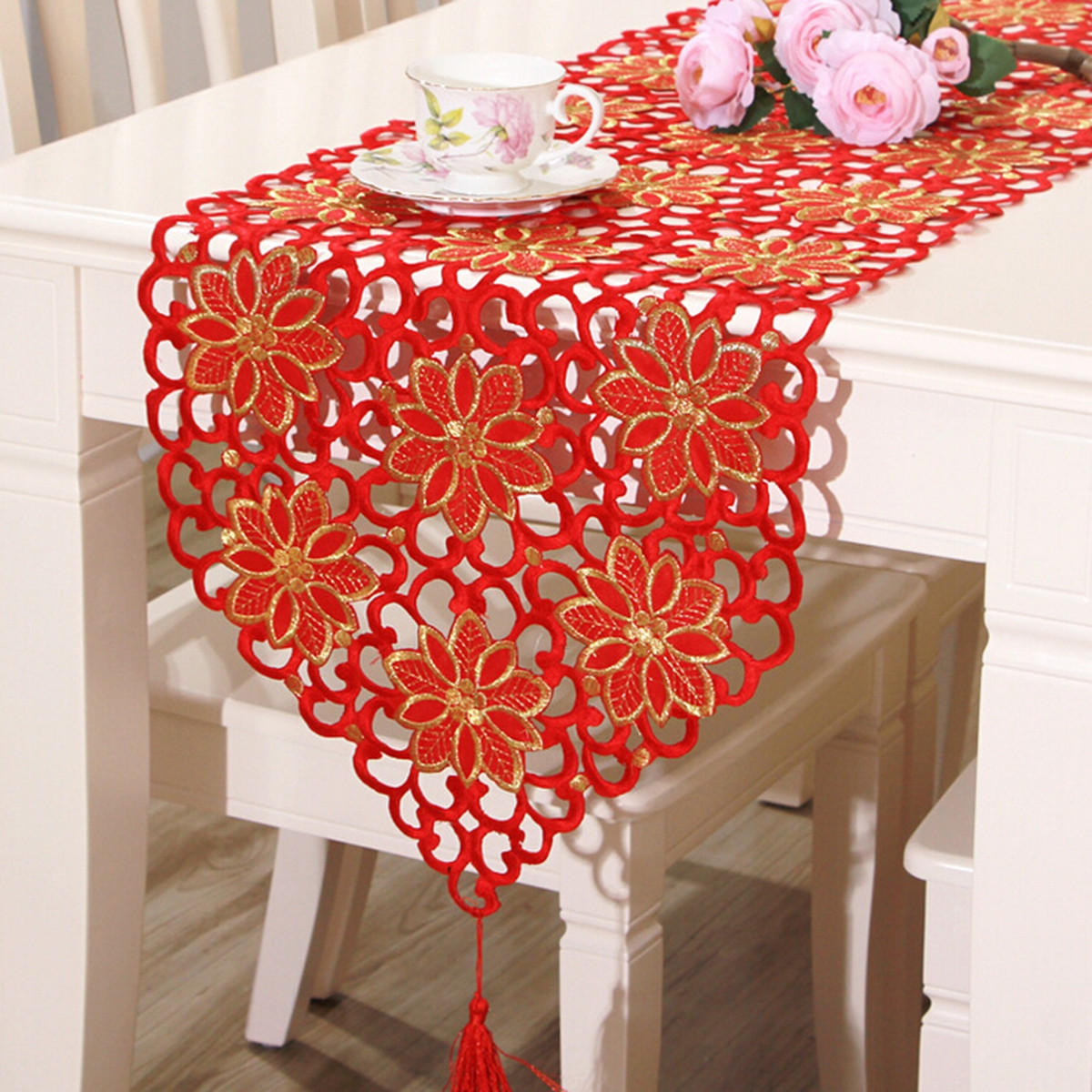 

Красный цветок Винтаж Table Runner Скатерть флаг с кисточкой для дома Свадебное Декор для вечеринок