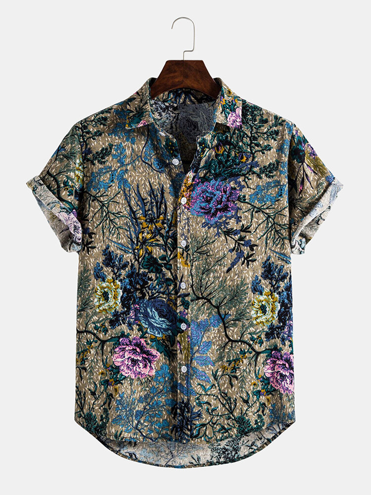 Banggood Special Offers Cotton Vintage Style oriental Floral Print Lapel Collar Casual Short Sleeve Shirts