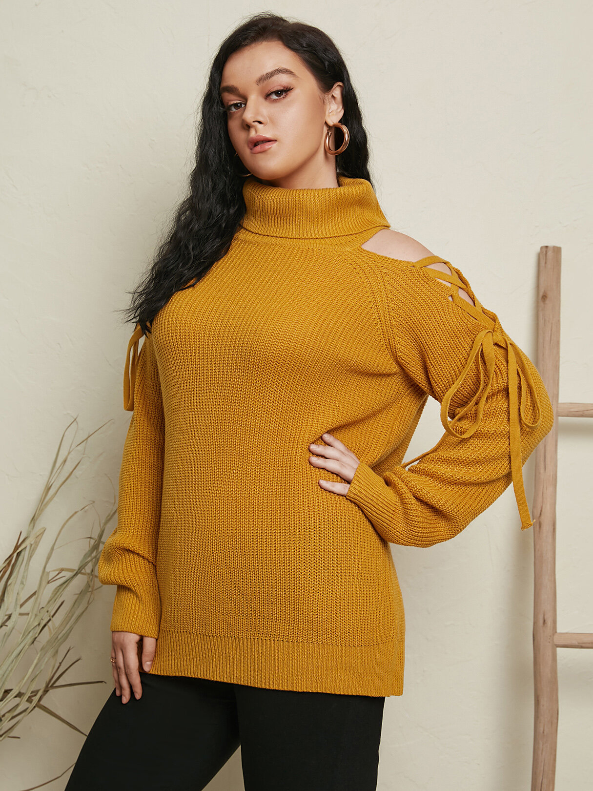 Plus Size Lace-Up Design Long Sleeves Sweater