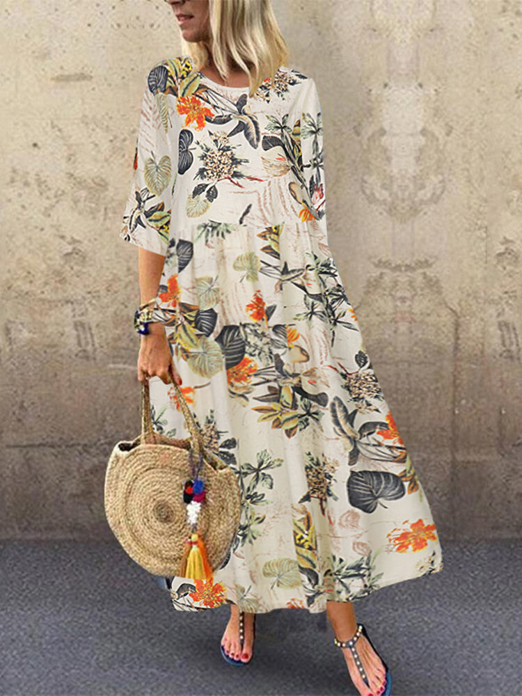 Women Retro Floral Printed Round Neck Three Quarter Sleeve Pleated Maxi Dresses, ZANZEA  - buy with discount