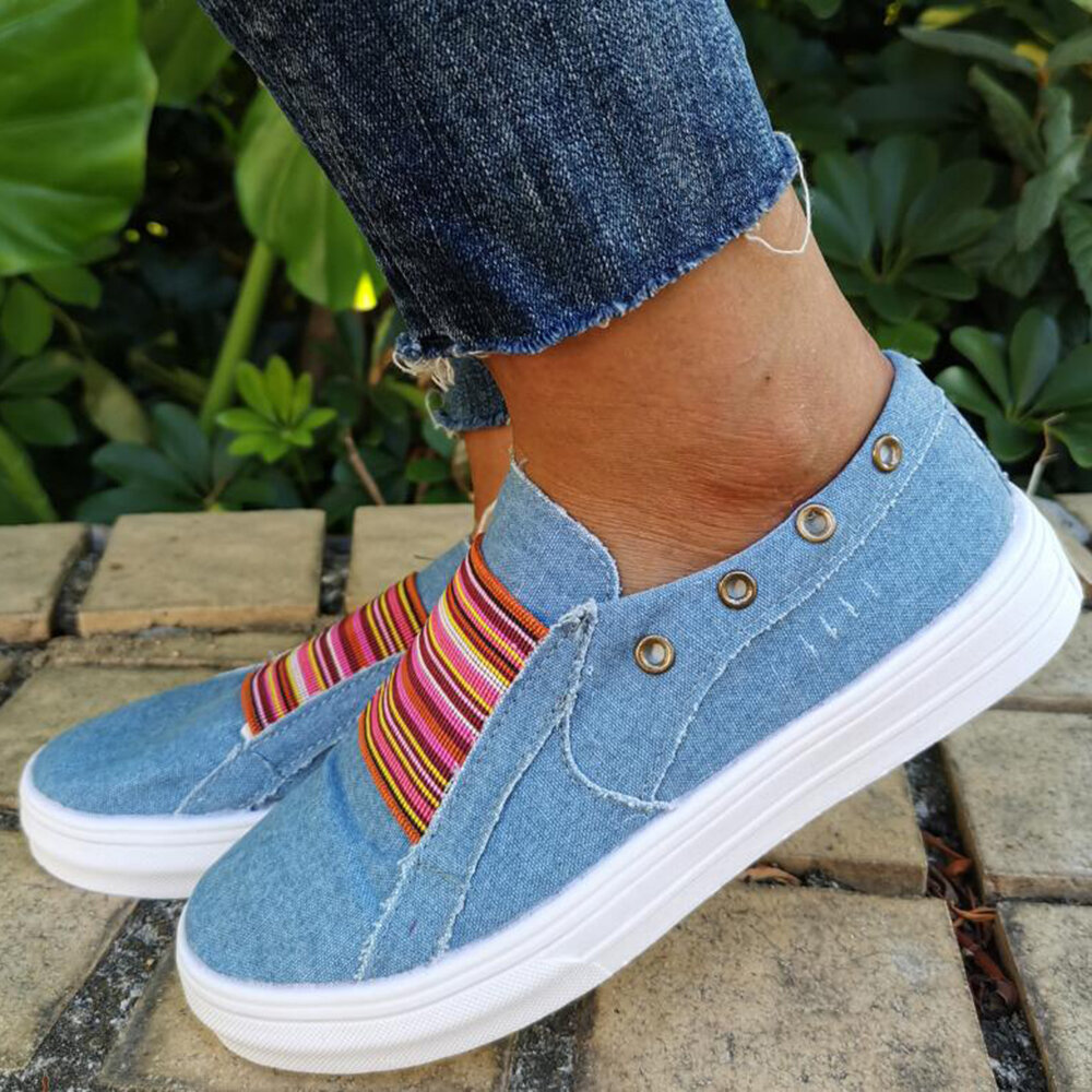 49% OFF on Plus Size Women Casual Slip On Flat Denim Canvas Shoes