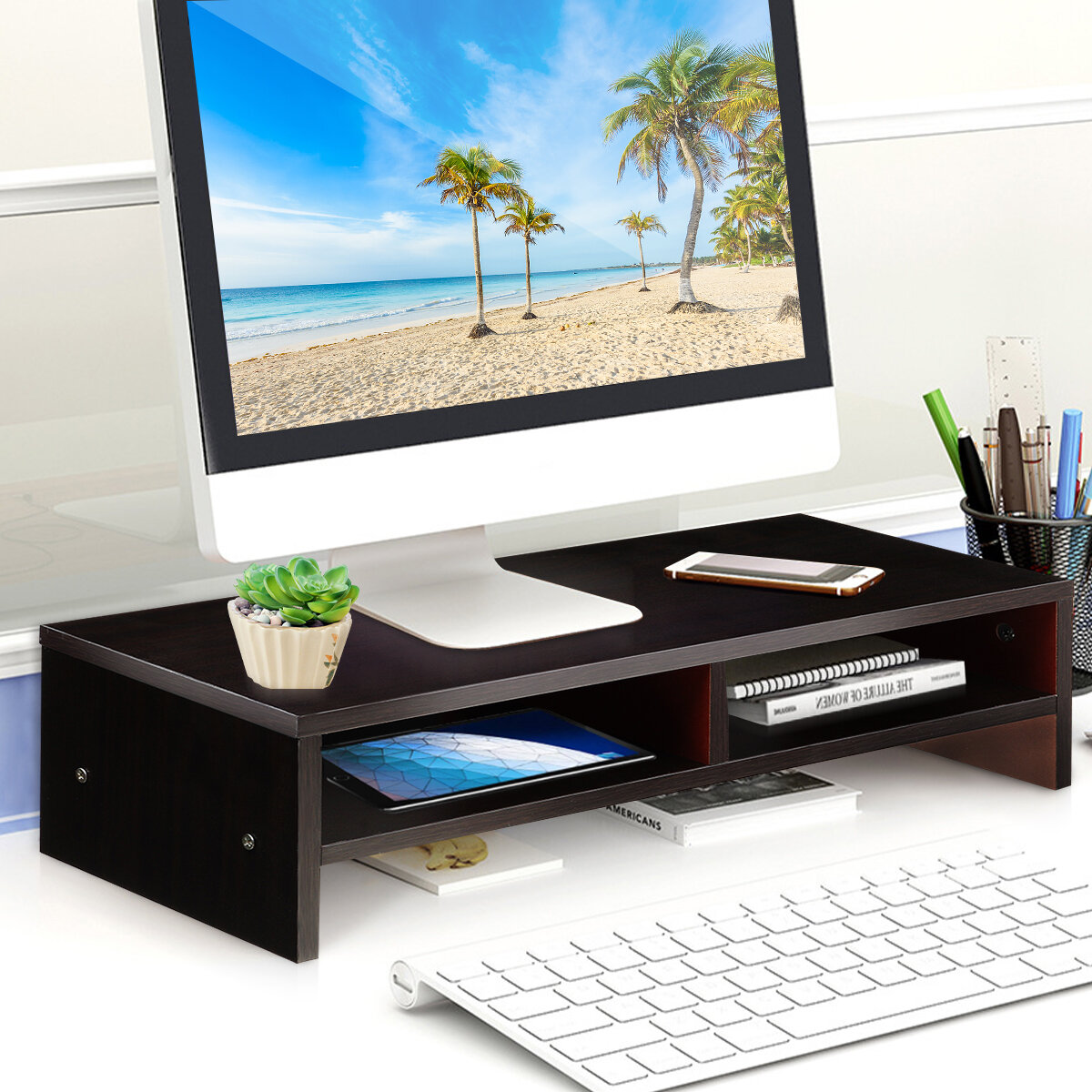 Multifunctional Wooden Monitor Desktop Stand Computer Screen Display Riser for iMac