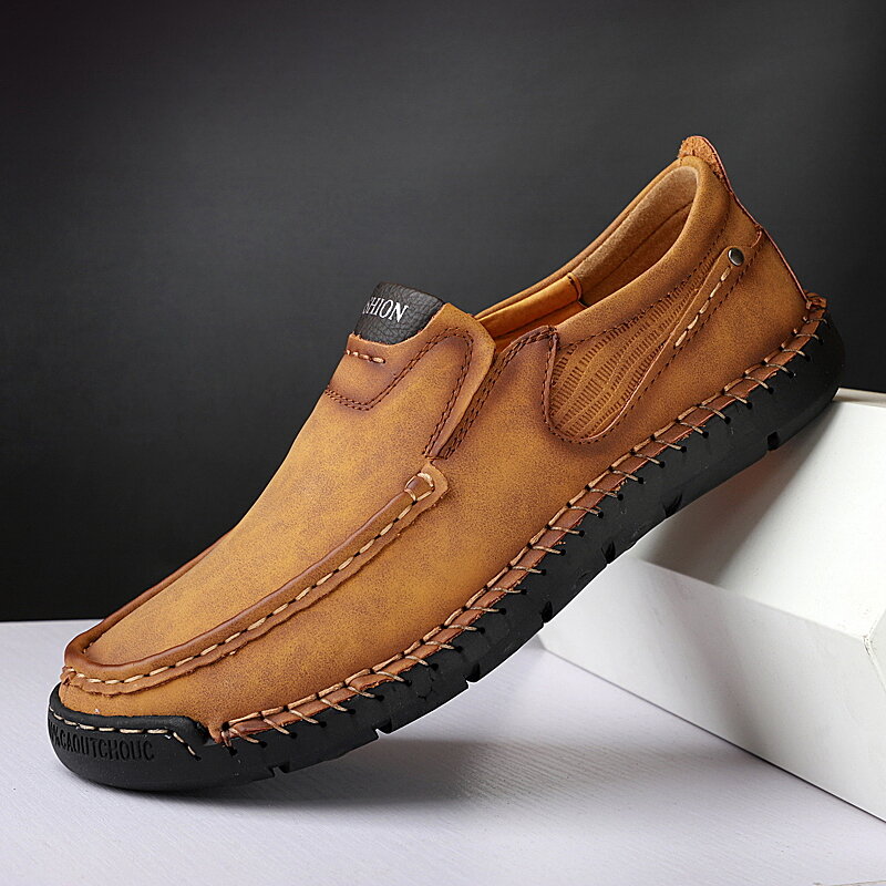 Men Hand Stitching Microfiber Leather Slip Resistant Slip On Loafers