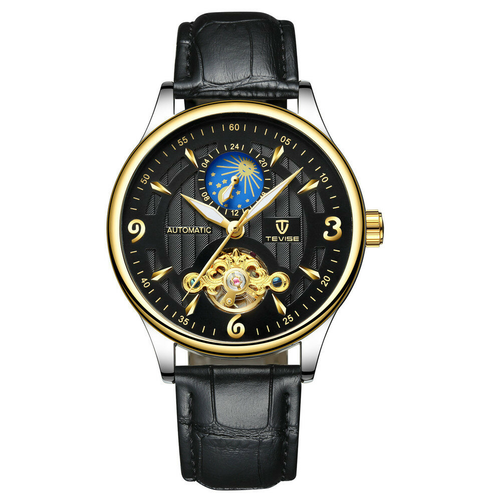 

TEVISE T820B Waterproof Moon Phase Luminous Display Men Watch Leather Band Automatic Mechanical Watch