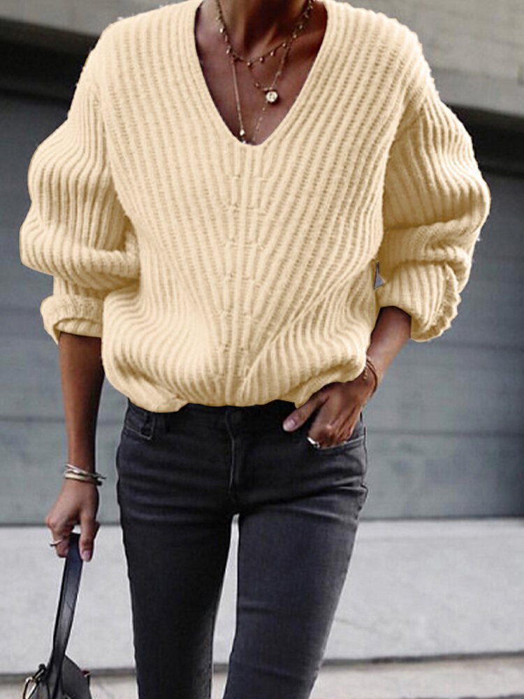 Women Puff Sleeve V-Neck Pleated Spliced Solid Loose Thick Fashion Sweaters