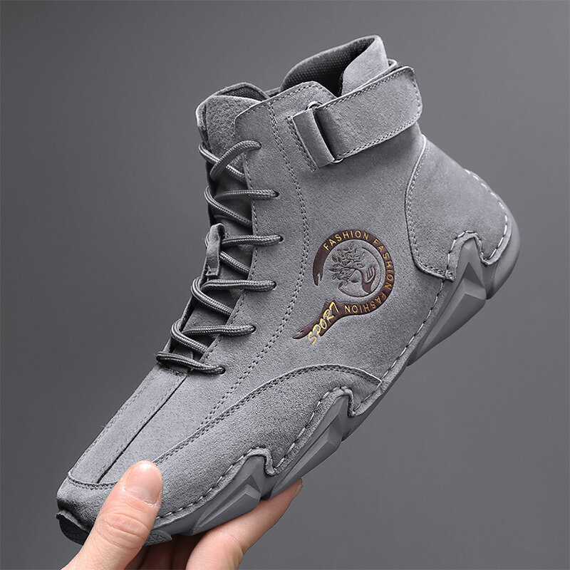 

Men Genuine Leather Hand Stitching Soft Sole Lace Up Solid Comfy Casual Boots