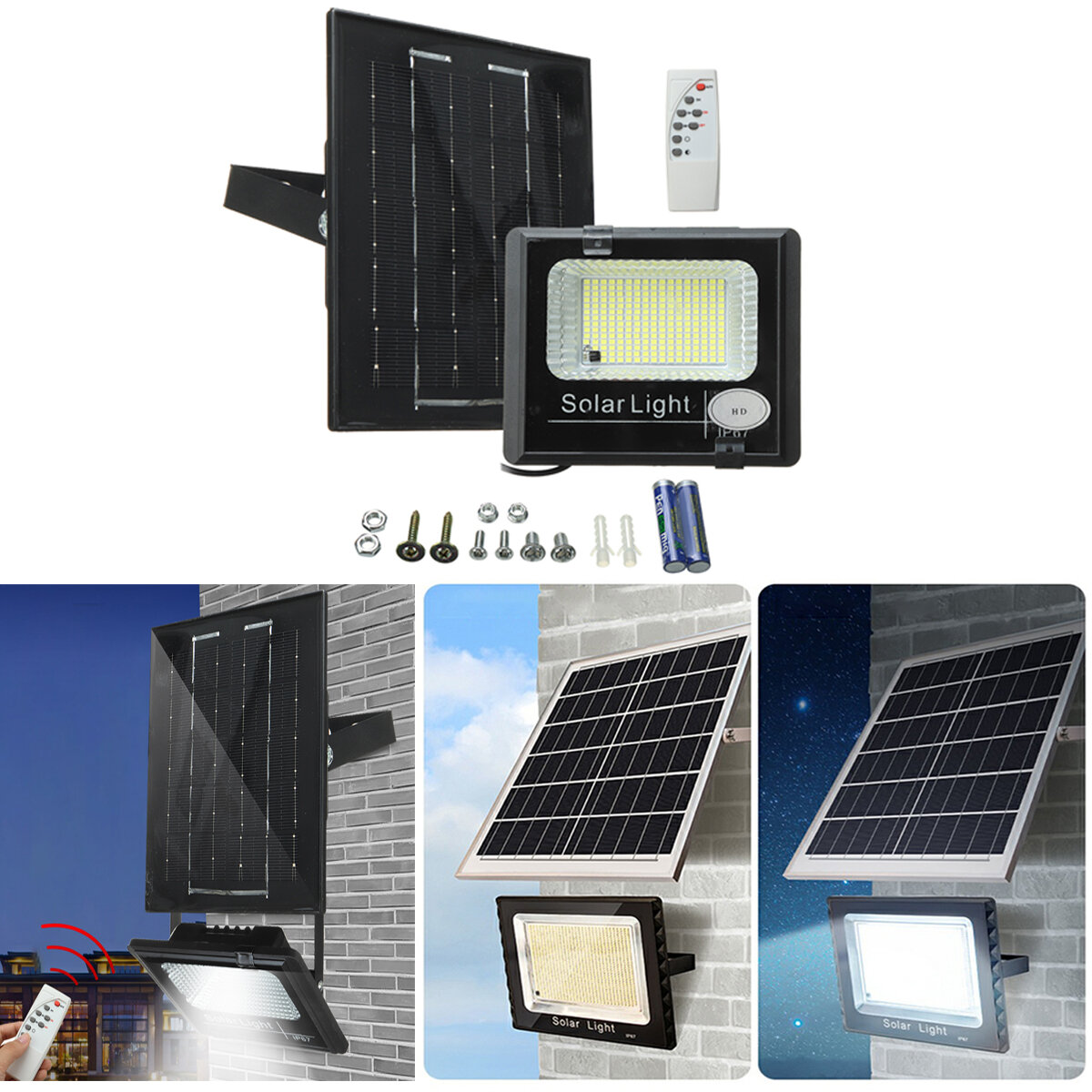 Uzaktan kumandalı LED güneş sel ışığı, açık bahçe için IP67 su geçirmez güneş enerjili lamba
