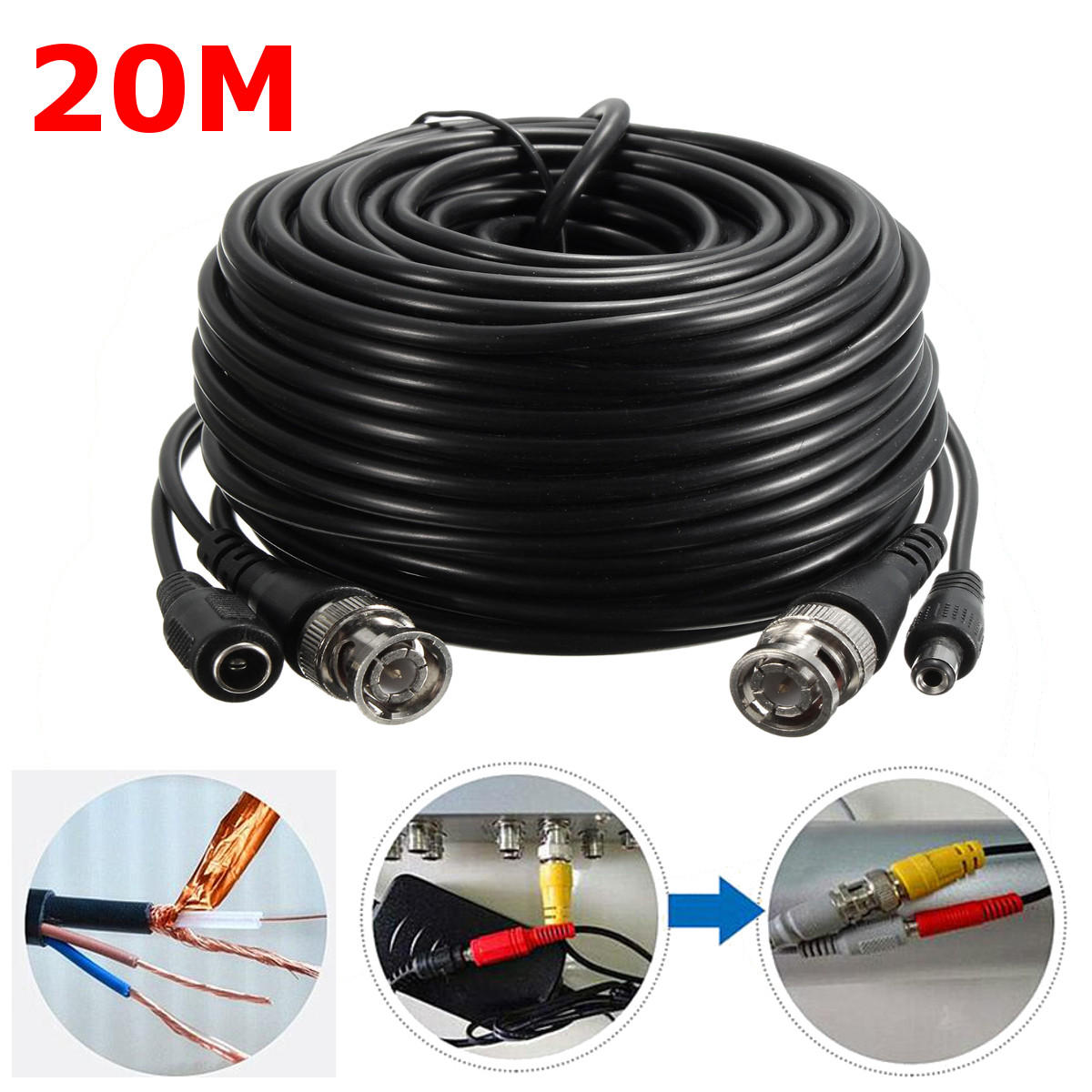65Ft 20M Security Camera Cable Video Power Extension Wire CCTV DVR BNC...