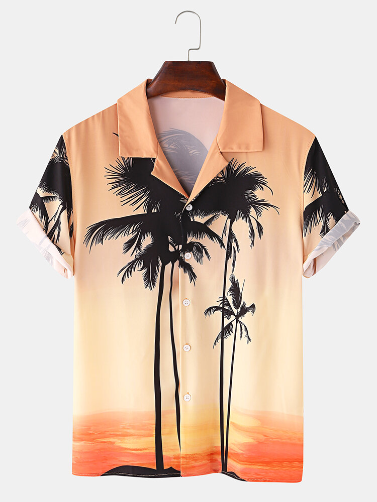 Image of Mens Gradient Beach Landscape Print Revere Kragen Hawaii Urlaub Kurzarm Shirts