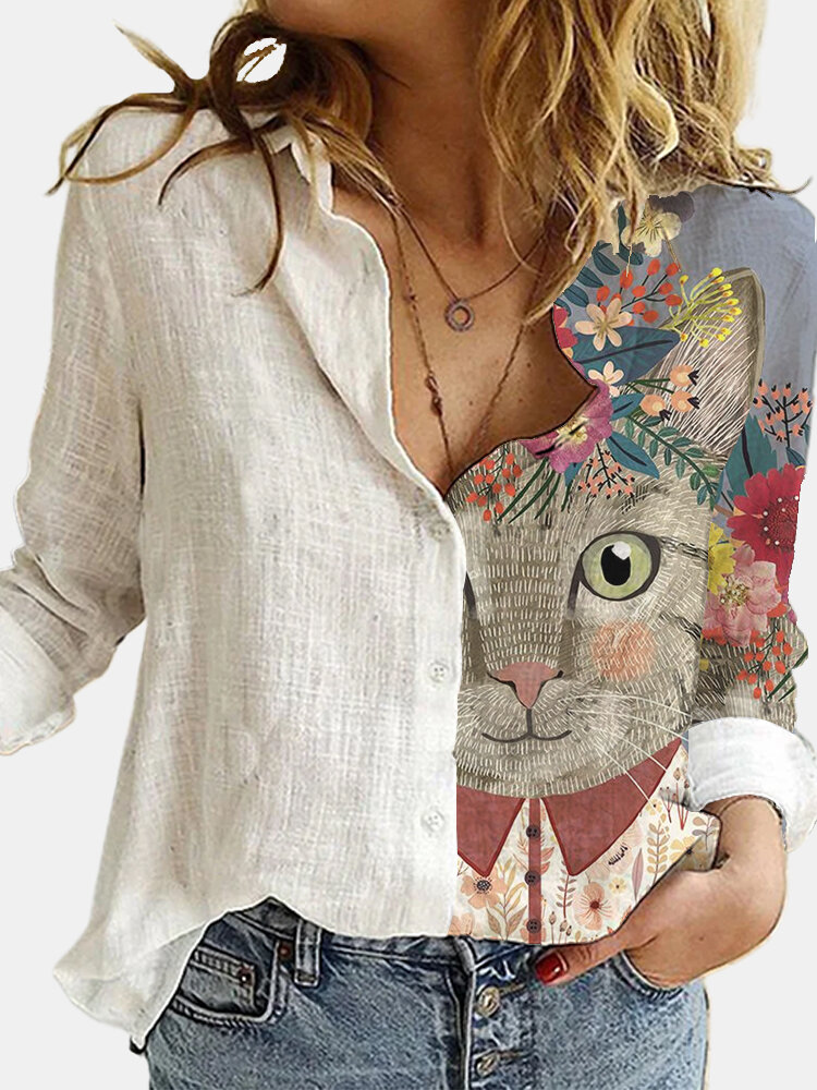 Vrouwen Cute Cartoon Cat Print Revers Kraag Button Up Shirts met lange mouwen