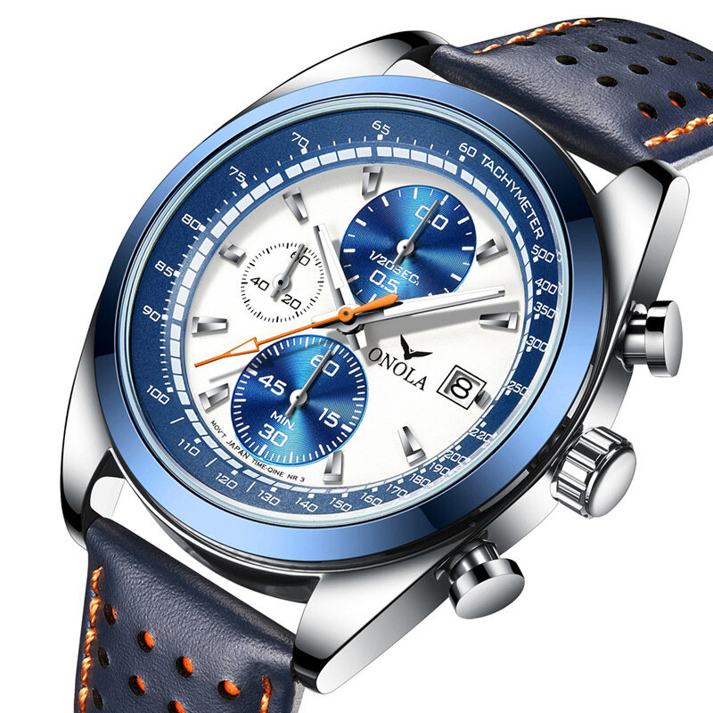 ONOLA ON6823 Fashion Stopwatch Calendar Display Men Watch Waterproof Leather Strap Quartz Watch