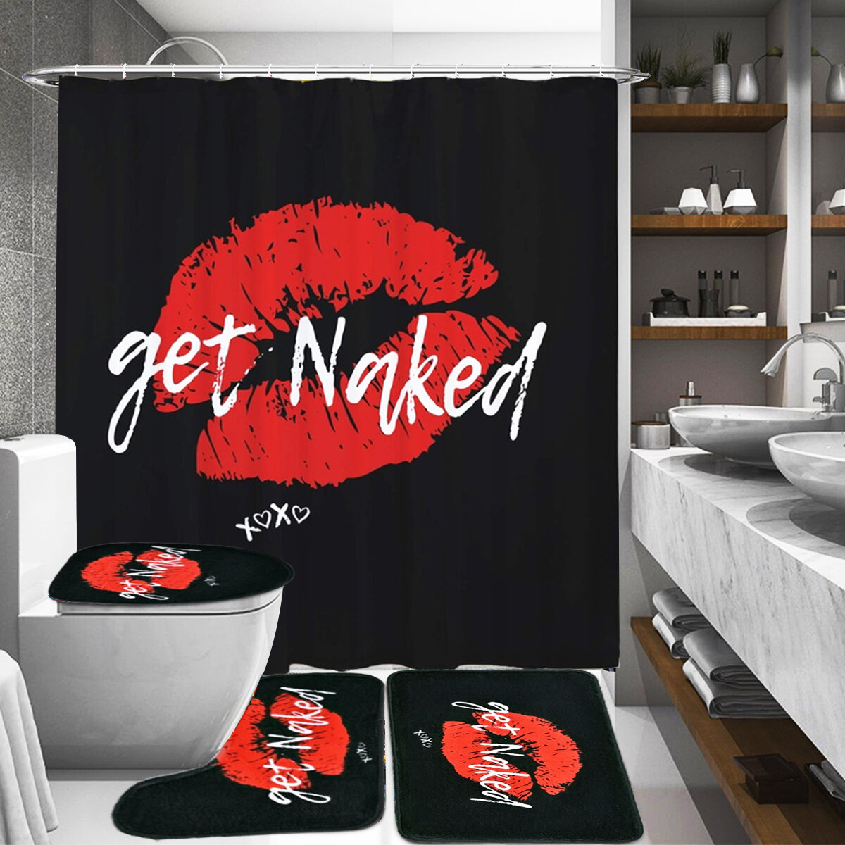 Get Naked Printing Bathroom Shower Curtain Set Toilet Cover Mat Bathroom Non-Slip Mat Rug Kit