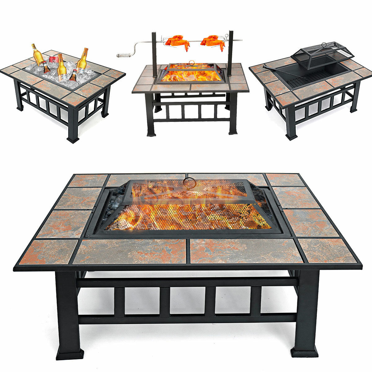 

SINGLYFIRE 37 Inch Fire Pit Table with Grill for Outside Large Square Wood Burning firepit Heavy Duty Steel Pit Cooking