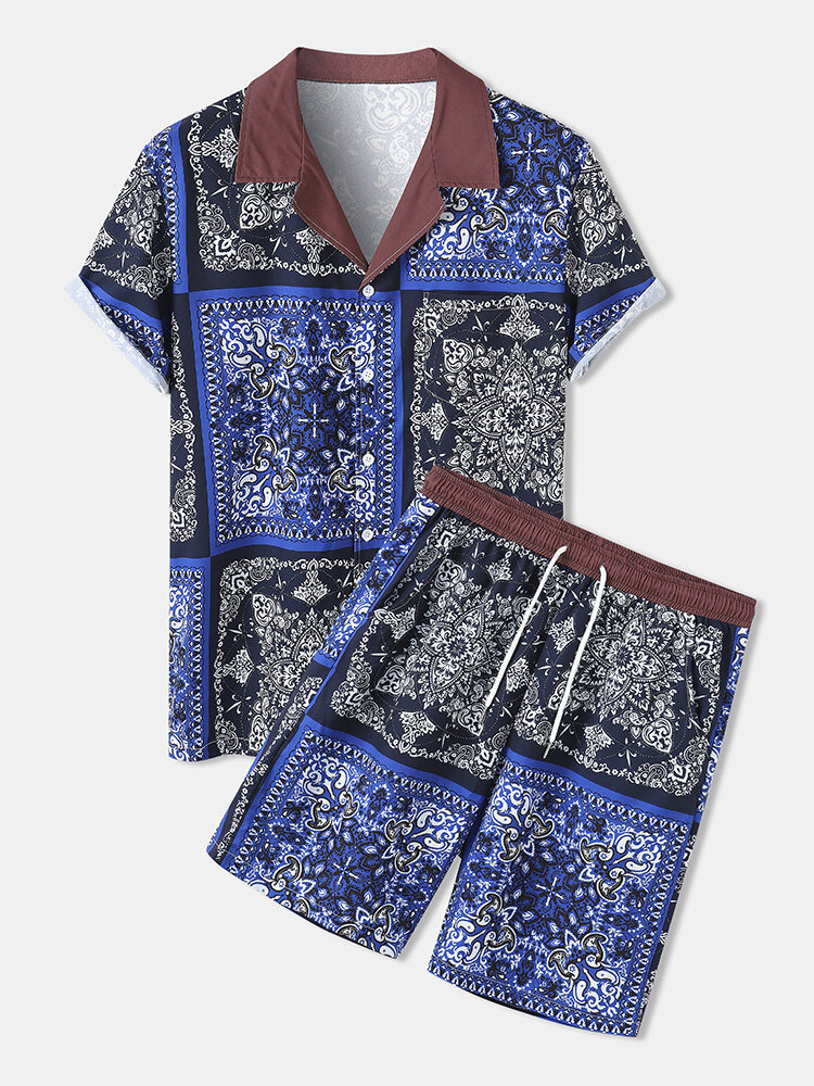 Tweedelige outfits voor heren met barokprint Colorblock Revere-kraag