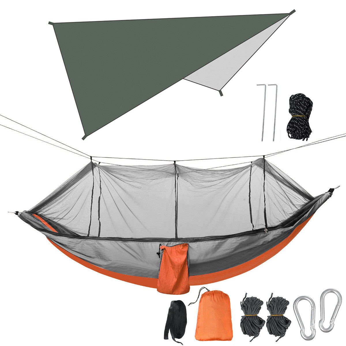 Double Person Camping Hammock with Mosquito Net + Awning Outdoor Hiking Travel Hanging Hammock Set B