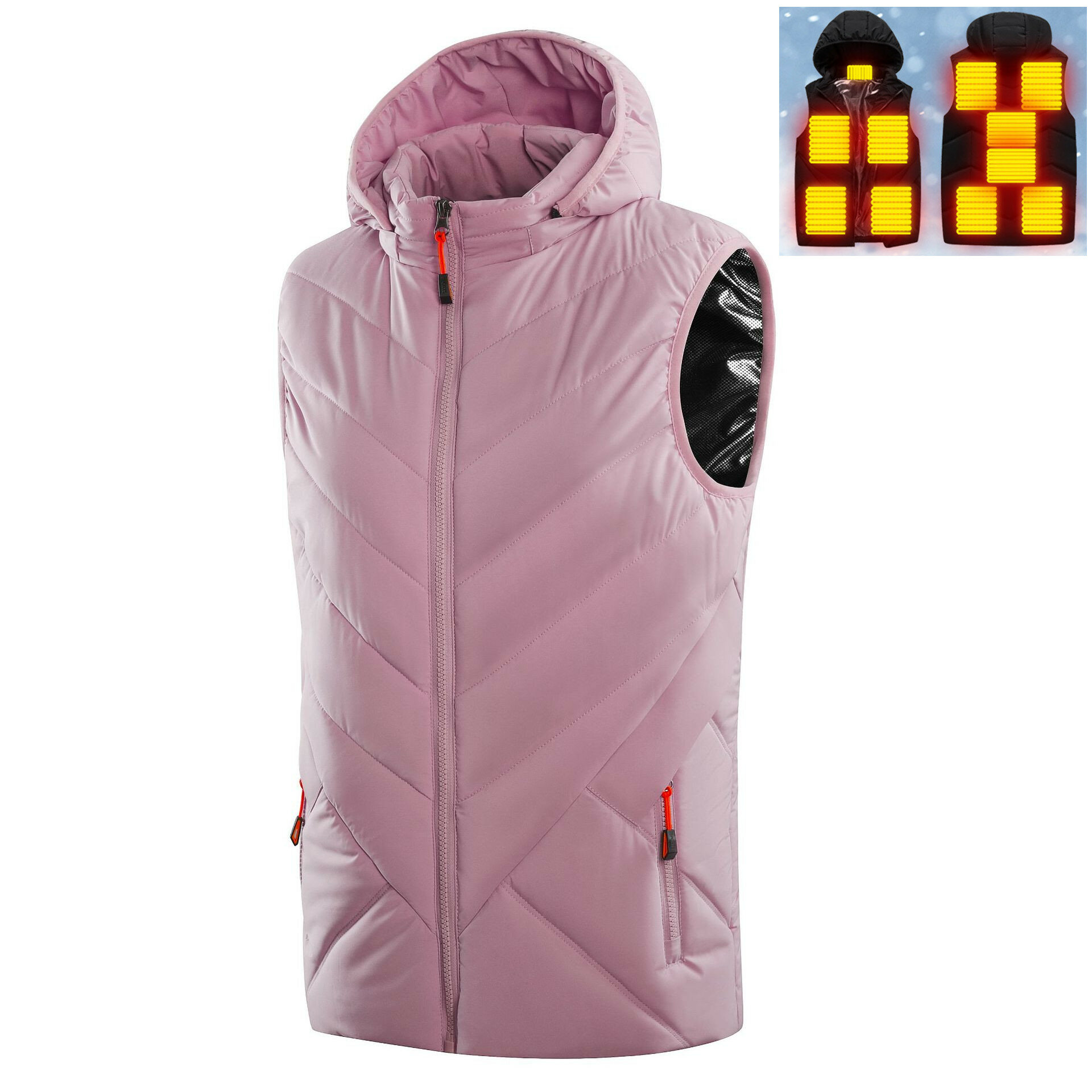 Ζεστό γιλέκο για γυναίκες με 11 θερμαινόμενες περιοχές, αμάνικο παντελόνι από βαμβάκι με καπέλο και θέρμανση USB για εξωτερική χρήση, ροζ ρούχα