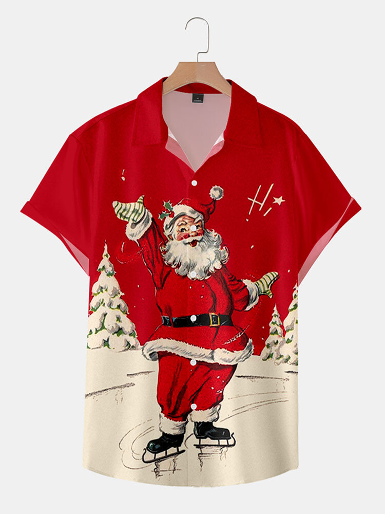 Heren Kerst Kerstman Reverskraag Casual Shirts met korte mouwen