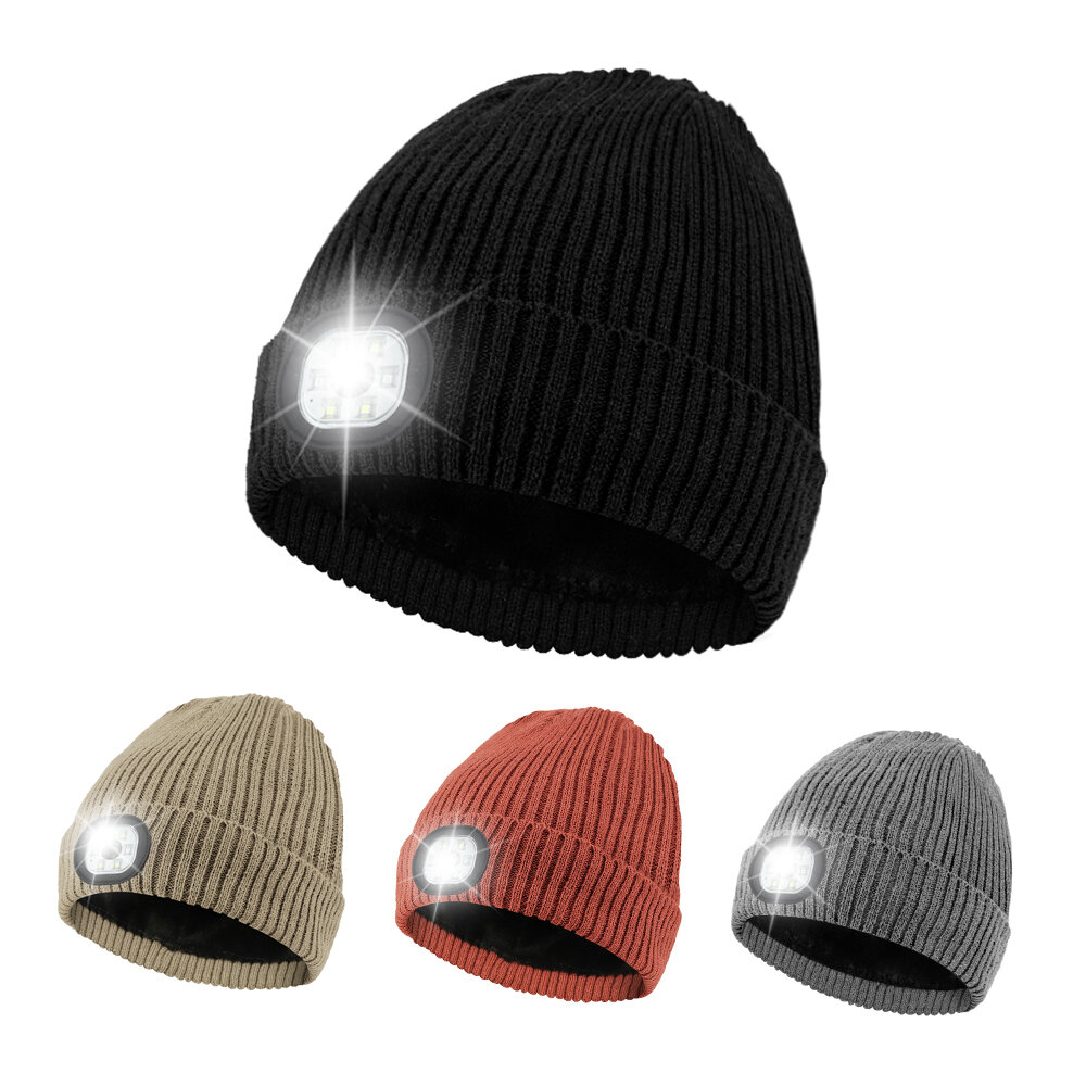 Mũ Unisex Beanie có lót lông dê với đèn LED và USB sạc lại miễn phí, Mũ đèn đêm LED không cần tay, Mũ nón len Flashlight
