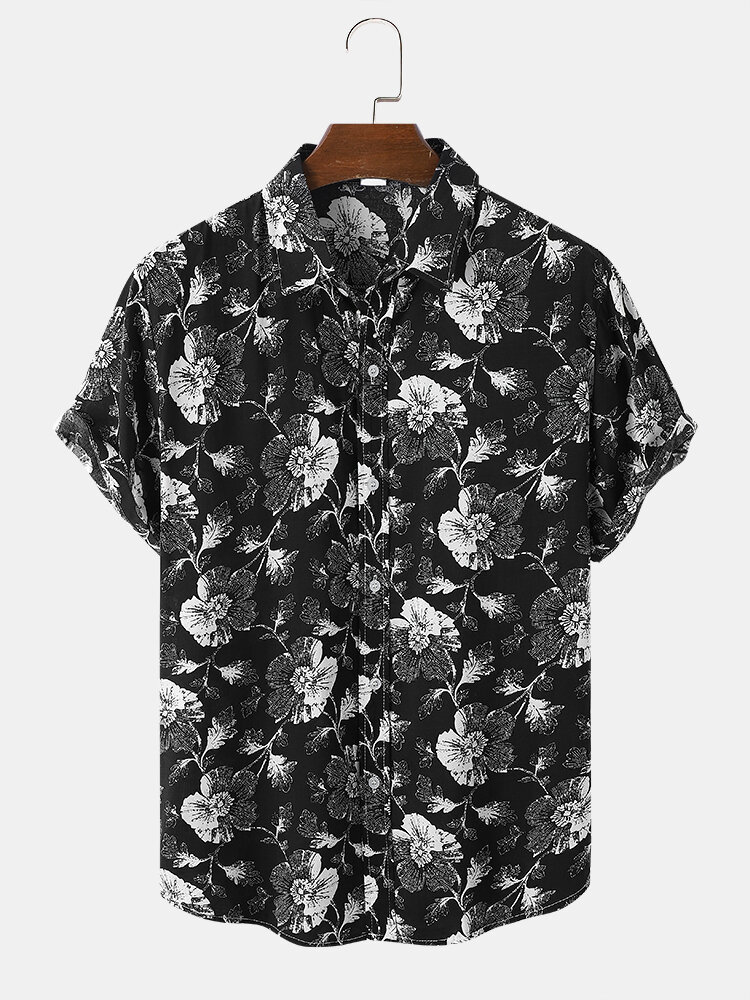 Men Floral Dark Front Buttons Sketches Style Graceful Short Sleeve Leisure Shirts