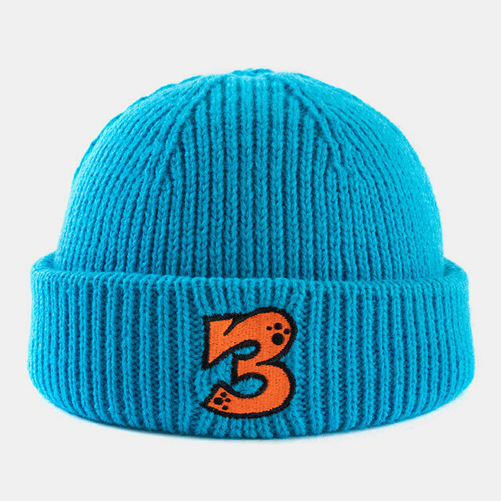Unisex Acrylic Knitted Solid Color Cartoon Number Embroidery Warmth Brimless Beanie Landlord Cap Sku