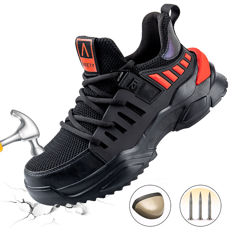 حذاء السلامة للرجال بمقدمة فولاذية وحذاء عمل وحذاء جري مضاد للانزلاق ومضيء للمشي والجري
