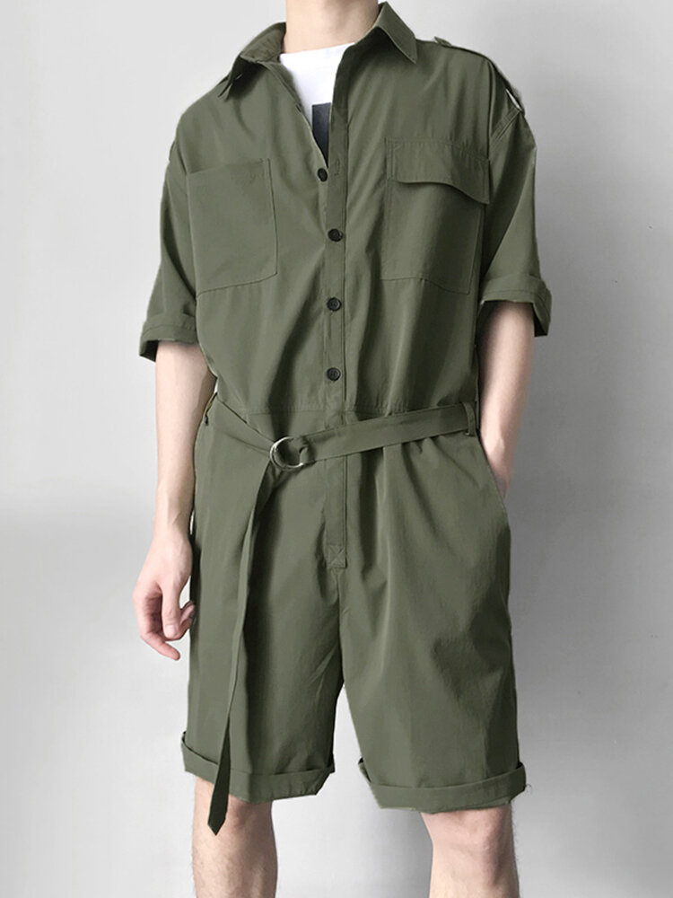 

Mens Military Style Pockets Workwear Rompers Belt Loose Overalls Jumpsuit