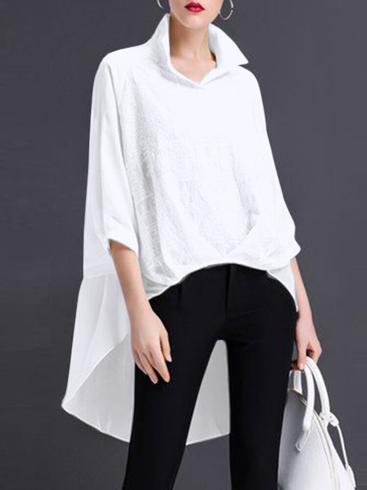 Effen A-lijn blouse met lange mouwen en hoge zoom