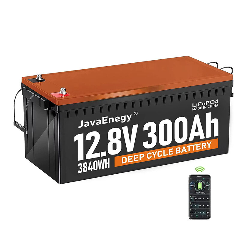 [US Direct] بطارية JavaEnegy بقوة 12 فولت وسعة 300 أمبير بتقنية LiFePO4 سعة 3840 واط / ساعة مع Bluetooth & App Monitor مع وظيفة التسخين مدمجة في بي إم إس سعة 200 أمبير، 4000+ دورة عميقة تعويض مثالي لنظام تخزين الطاقة الشمسية والرياح RV Marine Off-Gird Lithium Battery