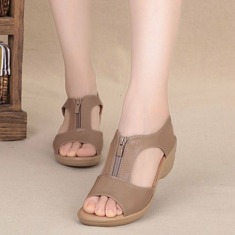 Women Solid Color Front Zipper Wearable Casual Wedges Sandals