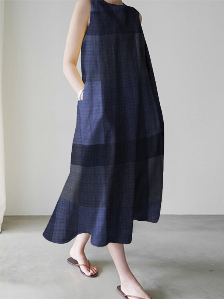 Casual rasterprint mouwloze vintage maxi-jurk met zijzakken voor dames