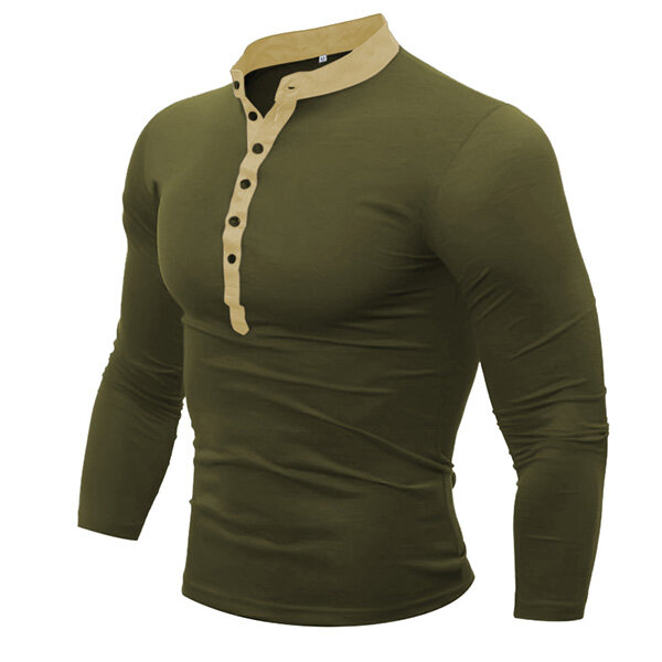 Mens cotton stand collar t-shirts buttons breathable long sleeve solid ...