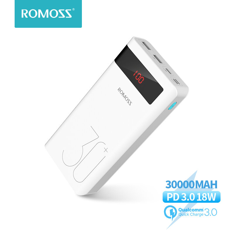 ROMOSS Sense 8P 30000mAhパワーバンク18WPD3.0 QC 3.03入力および3出力iPhone12 ProMax用SamsungGalaxy NoteS20ウルトラHuaweiMate40 OnePlus 8Pro用デジタルディスプレイ充電器
