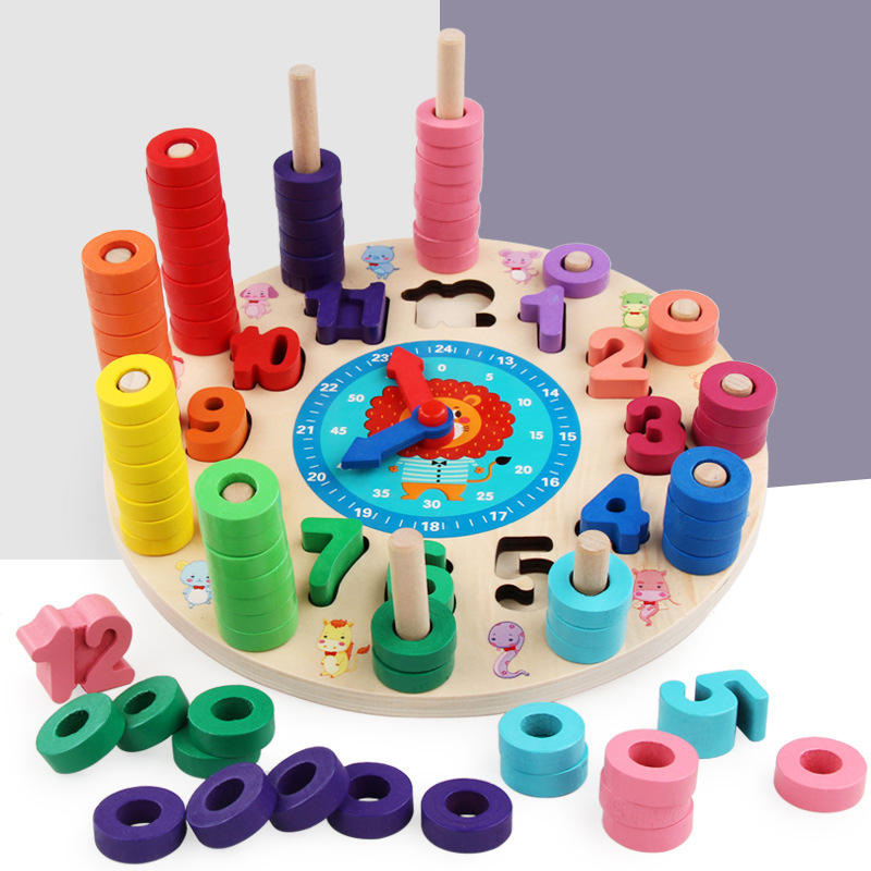 wood blocks puzzle board set wooden toy 12 numbers clock ...
