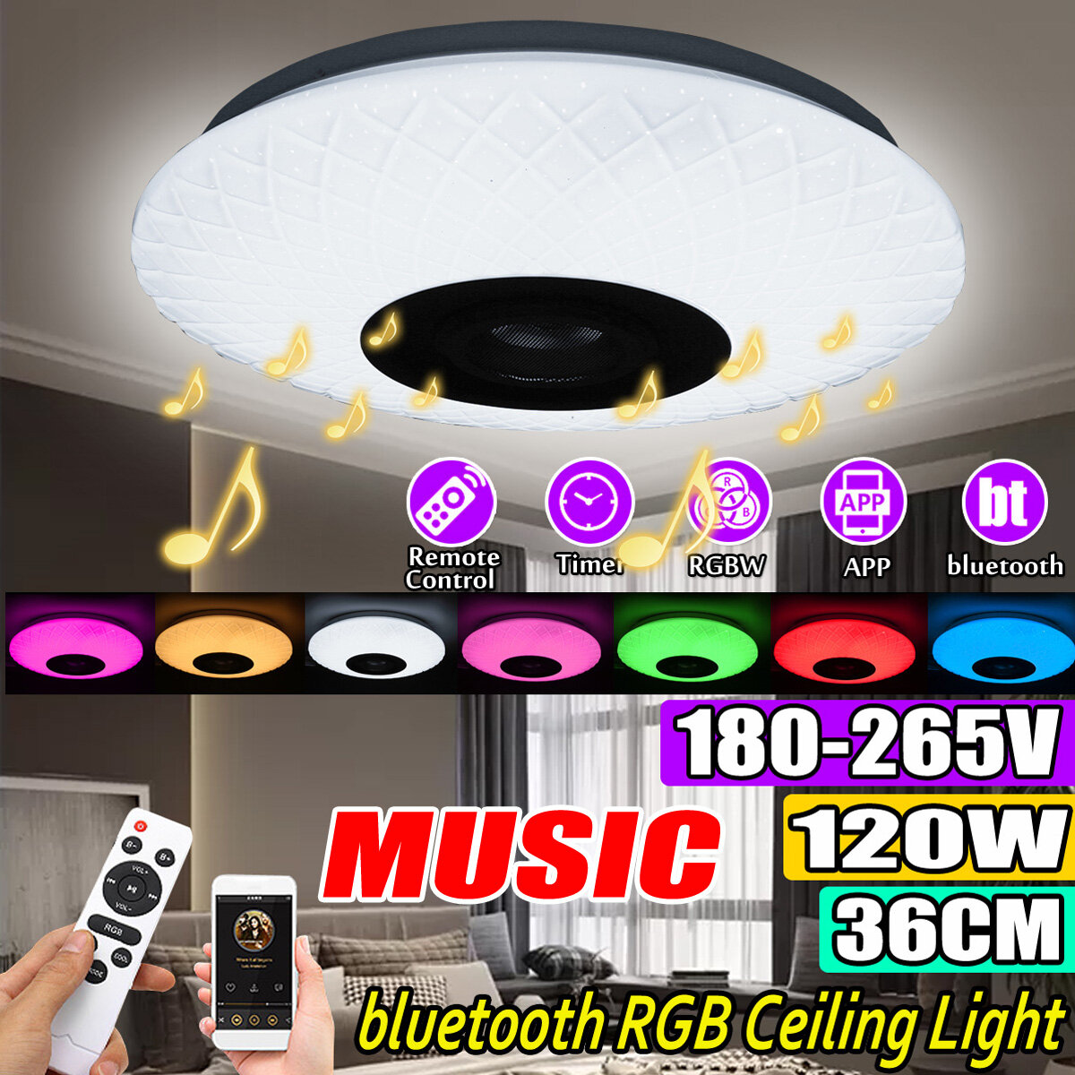 

120W RGB Music Coloured LED Ceiling Light Dimmable Lamp bluetooth + APP Control