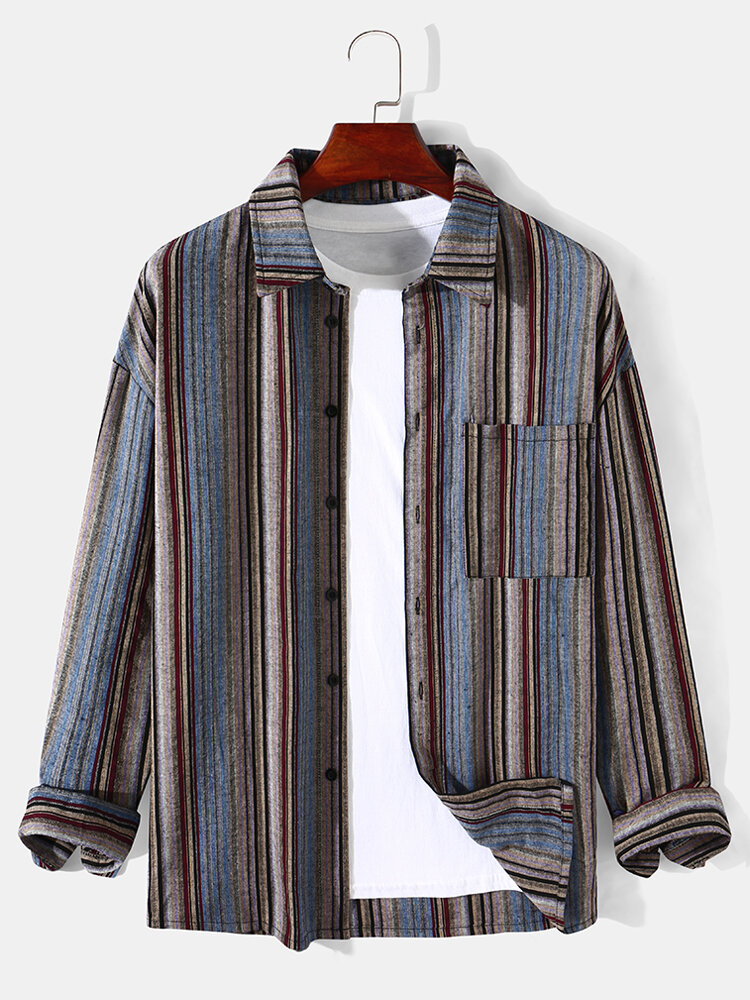 Mens 100Cotton% Pinstriped Colorful Pocket Patched Lapel Shirts