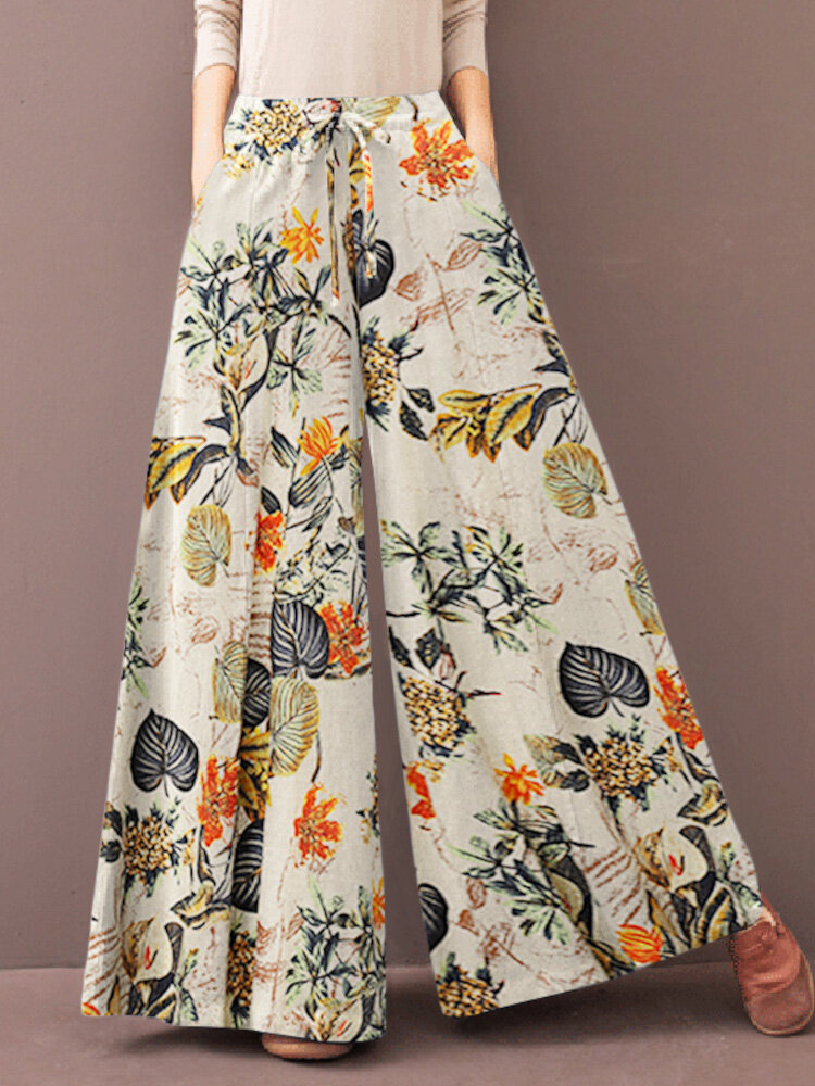 Women Vintage Floral Plant Print Drawstring Wide Leg Pants With Pocket