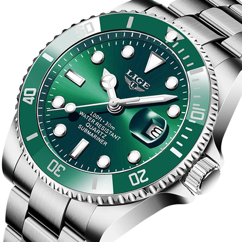 LIGE LG10045 Waterproof Calendar Men Wrist Watch Luminous Display Stainless Steel Clock Quartz Watch