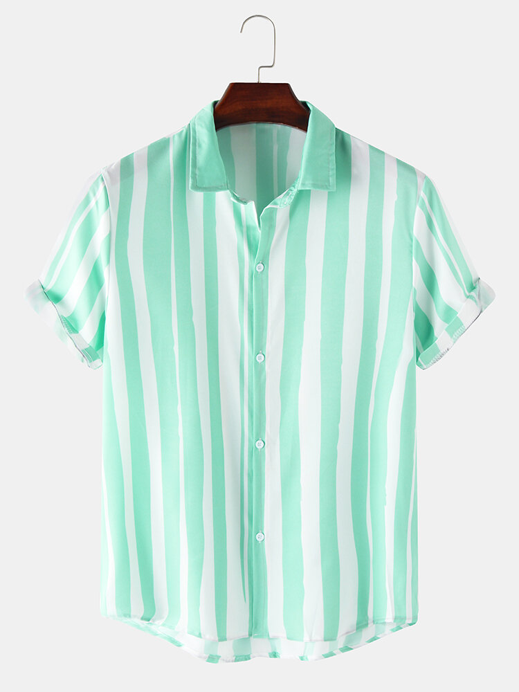 Mens Colorful Striped Designed Short Sleeve Breathable Casual Shirts