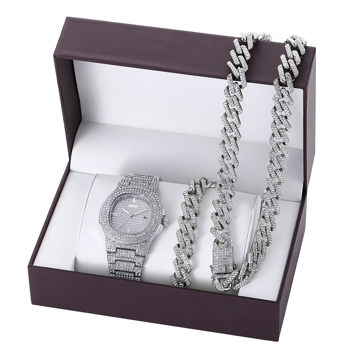 3 stks / set Luxe Mode Mannen Horloge Set Ingelegd Steentjes Stalen Band Quartz Horloge Ketting Armb