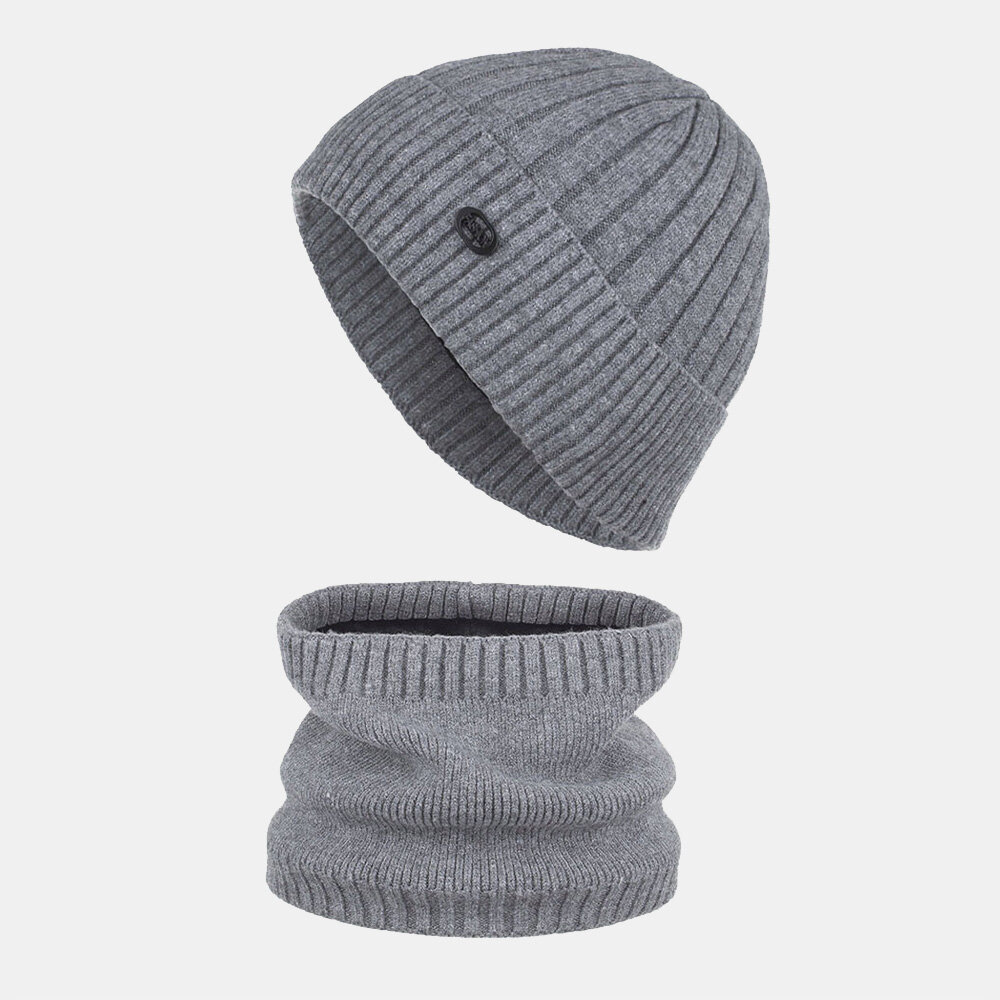 Unisex Thick Striped Iron Label Knitted Hat Scarf Set Autumn Winter Plus Velvet Thicken Warm Bib Bea