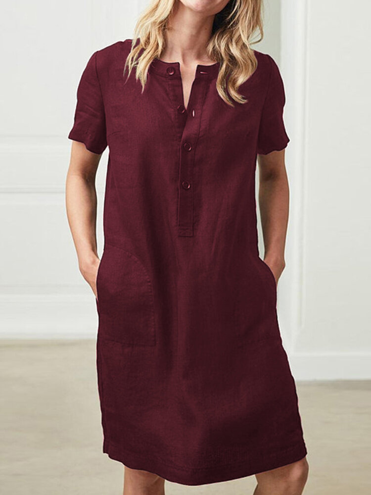 100 Cotton Women Loose Linen Round Neck Short Sleeve Button Dress with Pocket