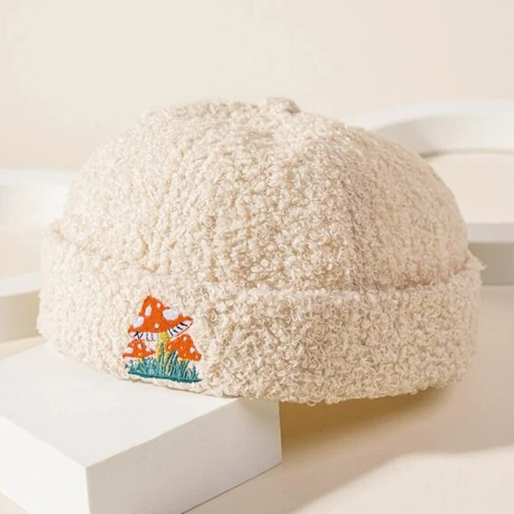 Collrown Men Beanie Hat Plush Cartoon Mushroom Pattern Embroidery Warmth Fashion Landlord Cap Skull Cap for Women