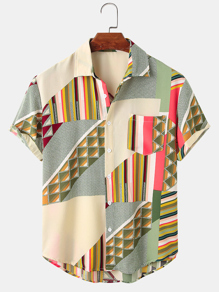 

Mens Designed Colorblock Stripe Print Casual Shirts