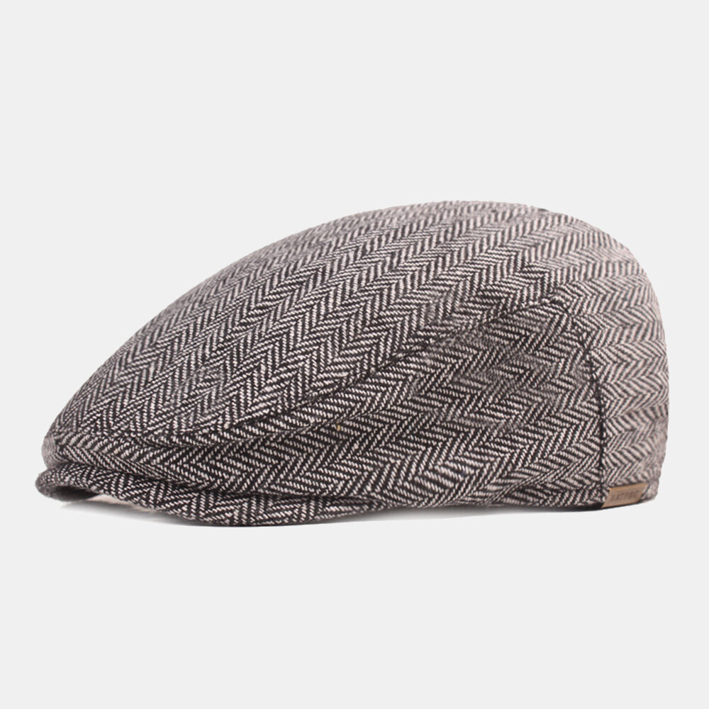 Men Cotton Herringbone Pattern Warmth Beret Cap Casual Adjustable Cabbie Hat Forward Hat