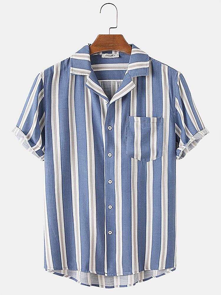 

Mens Vertical Stripes Chest Pocket Beach Casual Short Sleeve Shirts